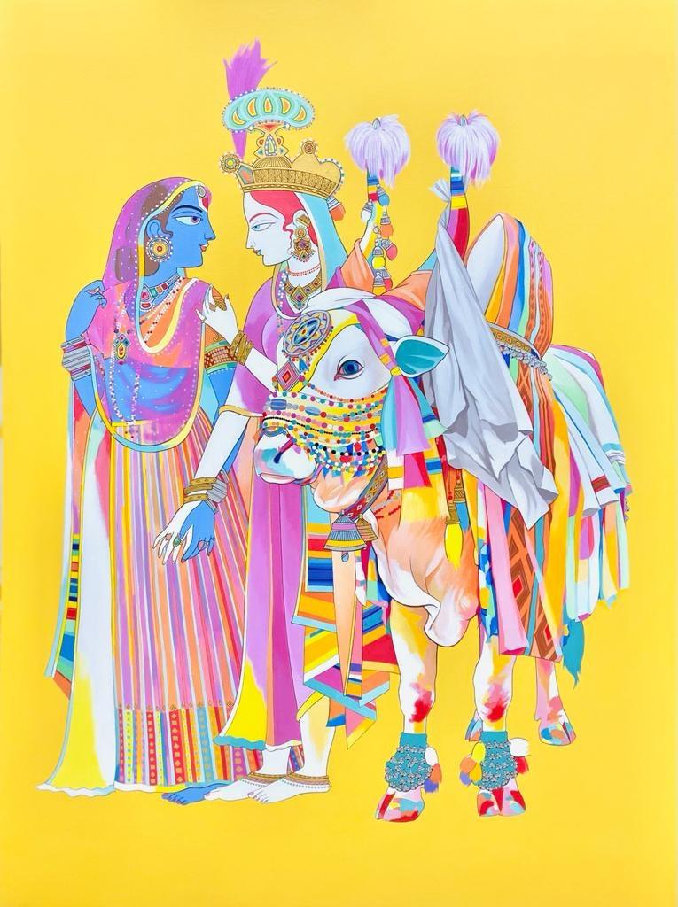 Religious acrylic painting titled 'Radha Krishna 2', 48x36 inches, by artist Mohammed Osman on Canvas