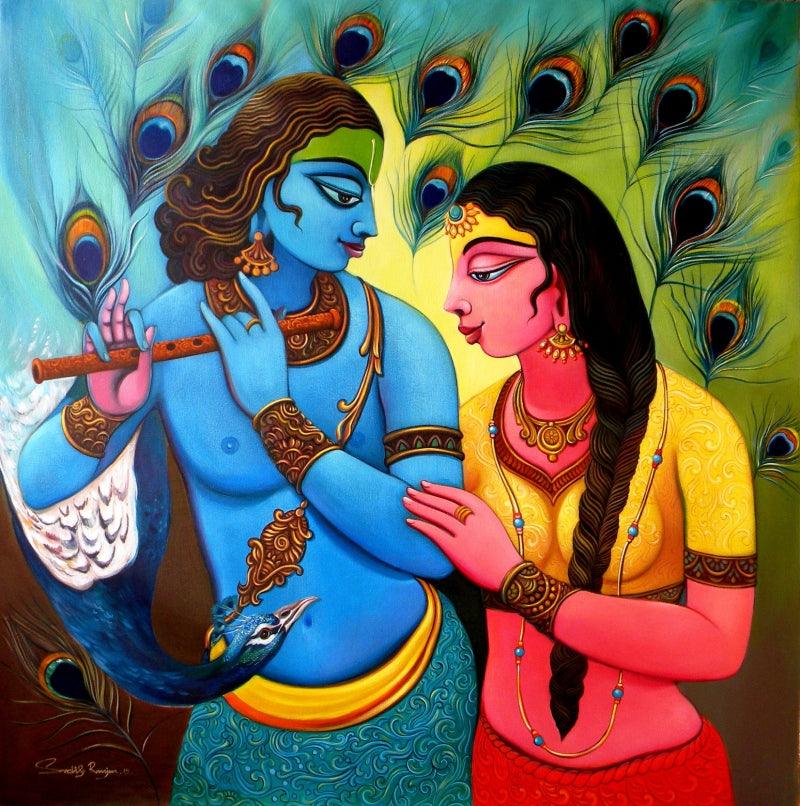 Religious acrylic painting titled 'Radha Krishna 2', 46x44 inches, by artist Sudip Routh on Canvas