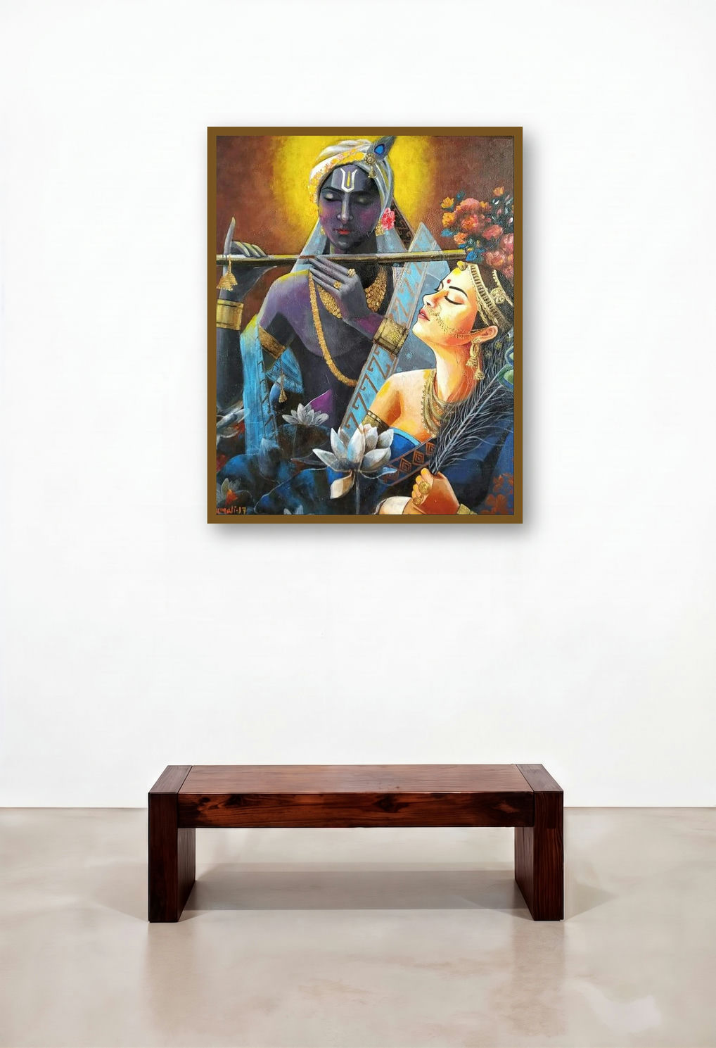 Radha Krishna 2 (Celestial Romance) by artist Tamali Das displayed in a Art Deco Reception Area