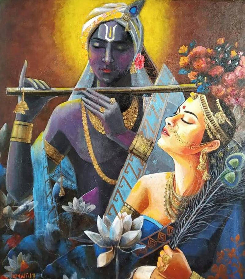Religious acrylic painting titled 'Radha Krishna 2', 28x24 inches, by artist Tamali Das on Canvas