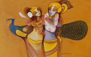 Religious acrylic painting titled 'Radha Krishna 2', 36x56 inches, by artist Prabhakar Ahobilam on Canvas