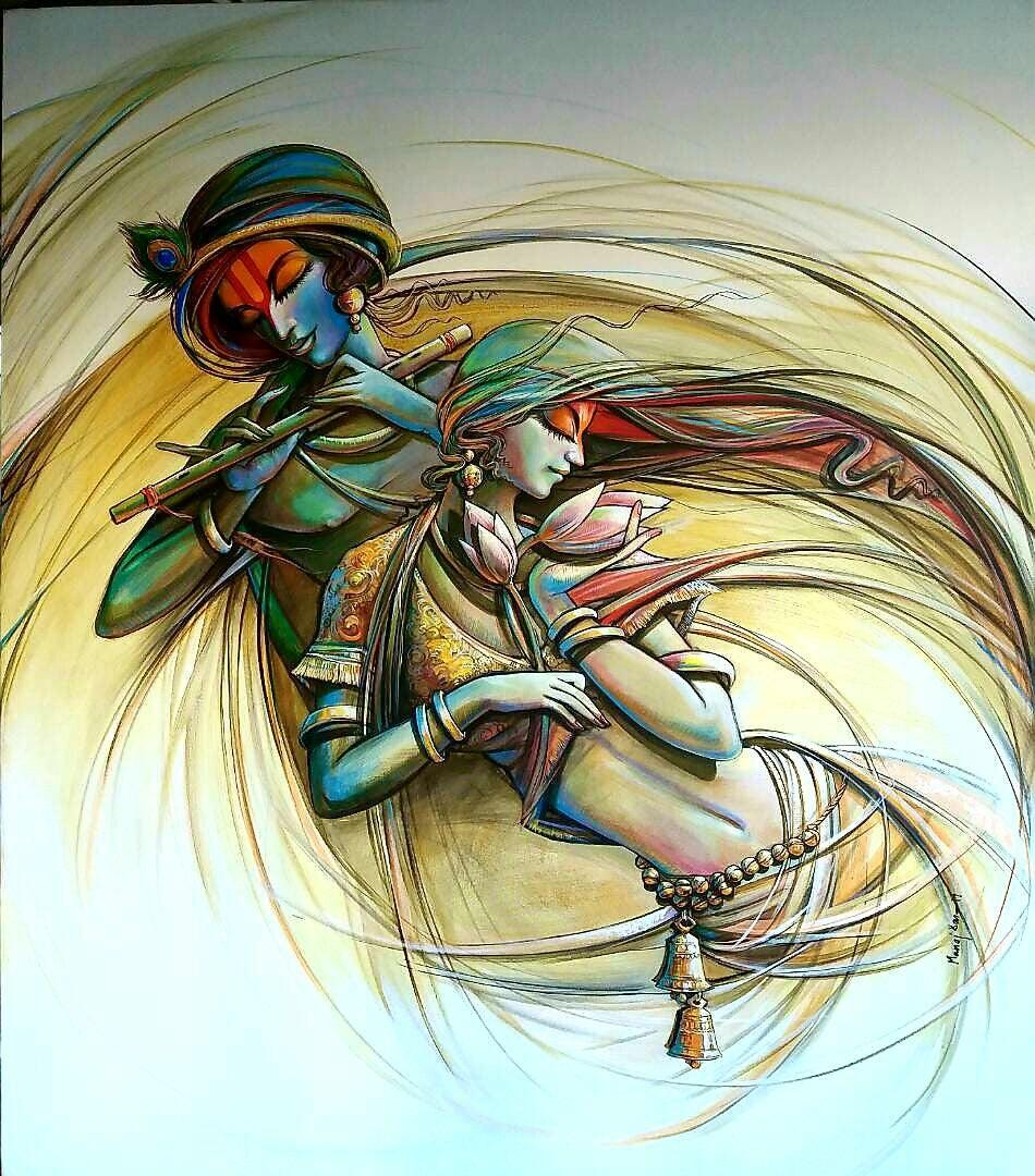 Religious acrylic painting titled 'Radha Krishna 3', 60x60 inches, by artist Manoj Das on Canvas