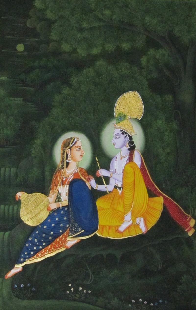 Religious miniature traditional art titled 'Radha Krishna 3', 36x24 inches, by artist E Craft on Silk
