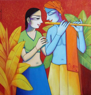 Radha Krishna 3 by Pravin Utge, Original Acrylic Religious Painting on Canvas, Medium Square Wall Art