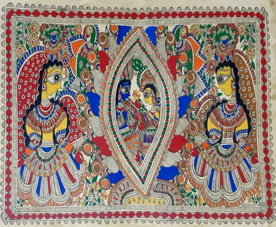 Religious madhubani traditional art titled 'Radha Krishna 3', 22x30 inches, by artist Mithilesh Jha on Paper