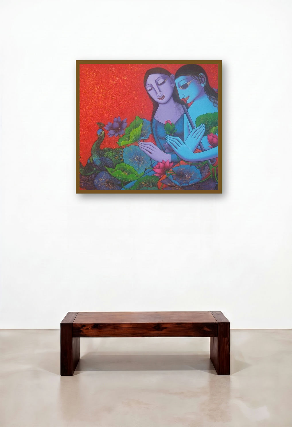 Radha Krishna 3 (Radha Krishna with Peacocks) by artist Prakash Deshmukh displayed in a Contemporary Dining Room