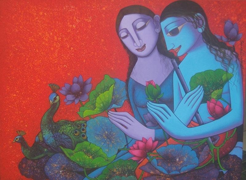 Religious acrylic painting titled 'Radha Krishna 3', 31x41 inches, by artist Prakash Deshmukh on Canvas