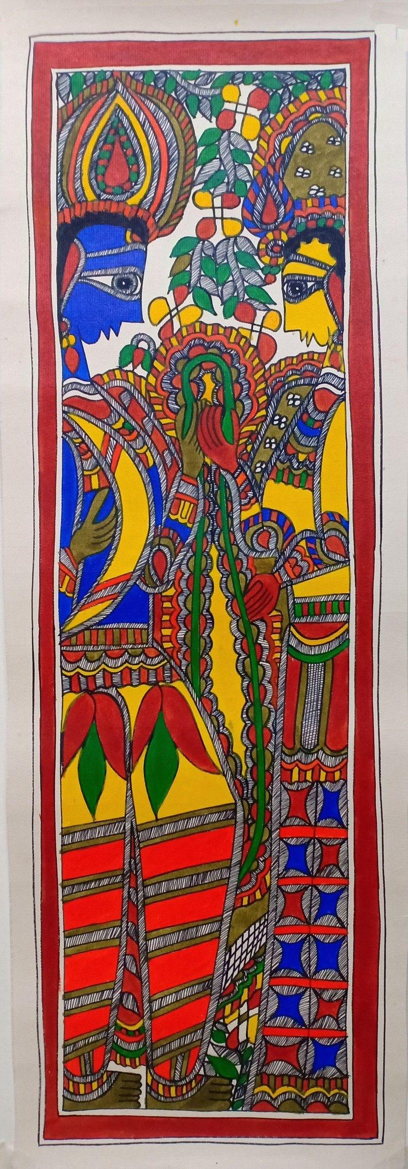 Religious madhubani traditional art titled 'Radha Krishna 3', 22x8 inches, by artist Mithilesh Jha on Paper