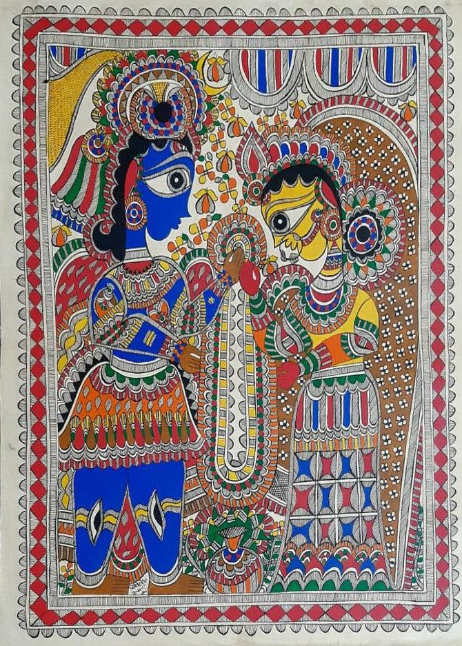 Religious madhubani traditional art titled 'Radha Krishna 4', 30x22 inches, by artist Mithilesh Jha on Paper