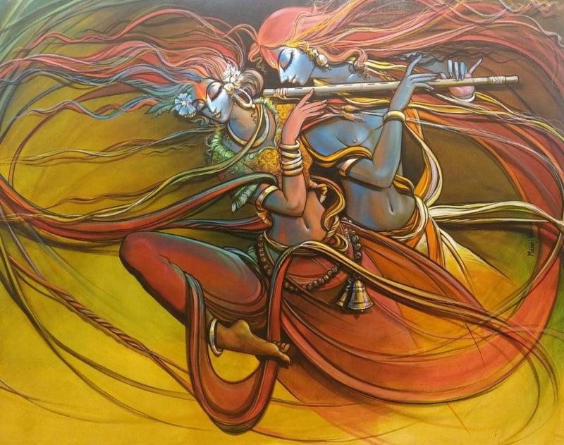 Religious acrylic painting titled 'Radha Krishna 5', 48x60 inches, by artist Manoj Das on Canvas