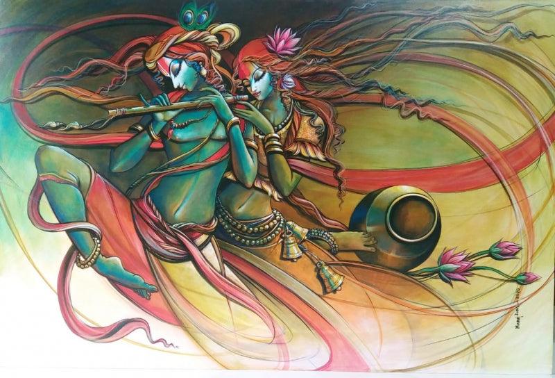 Religious acrylic painting titled 'Radha Krishna 6', 48x72 inches, by artist Manoj Das on Canvas