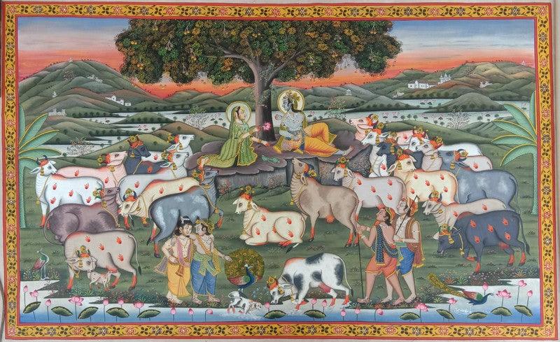 Religious pichwai traditional art titled 'Radha Krishna', 48x72 inches, by artist Surkhi Arts on Cloth