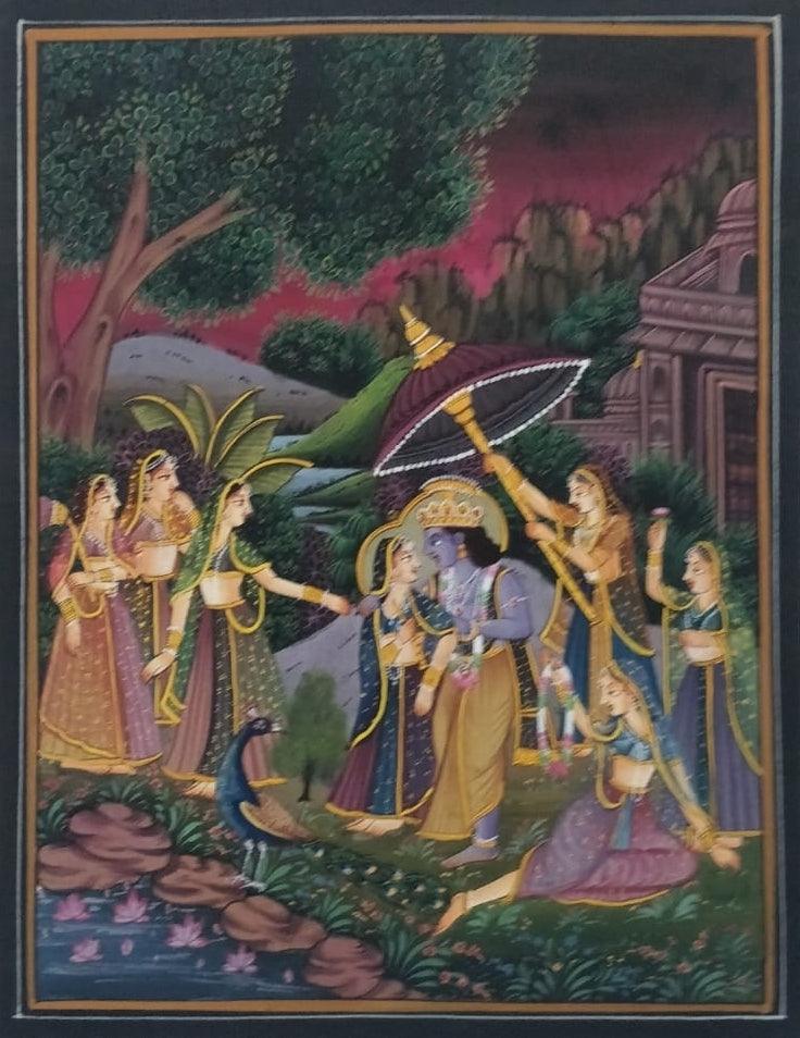 Religious miniature traditional art titled 'Radha Krishna', 9x7 inches, by artist Unknown on Cloth