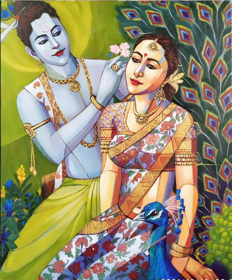 Figurative acrylic painting titled 'Radha Krishna', 24x20 inches, by artist Tamali Das on canvas