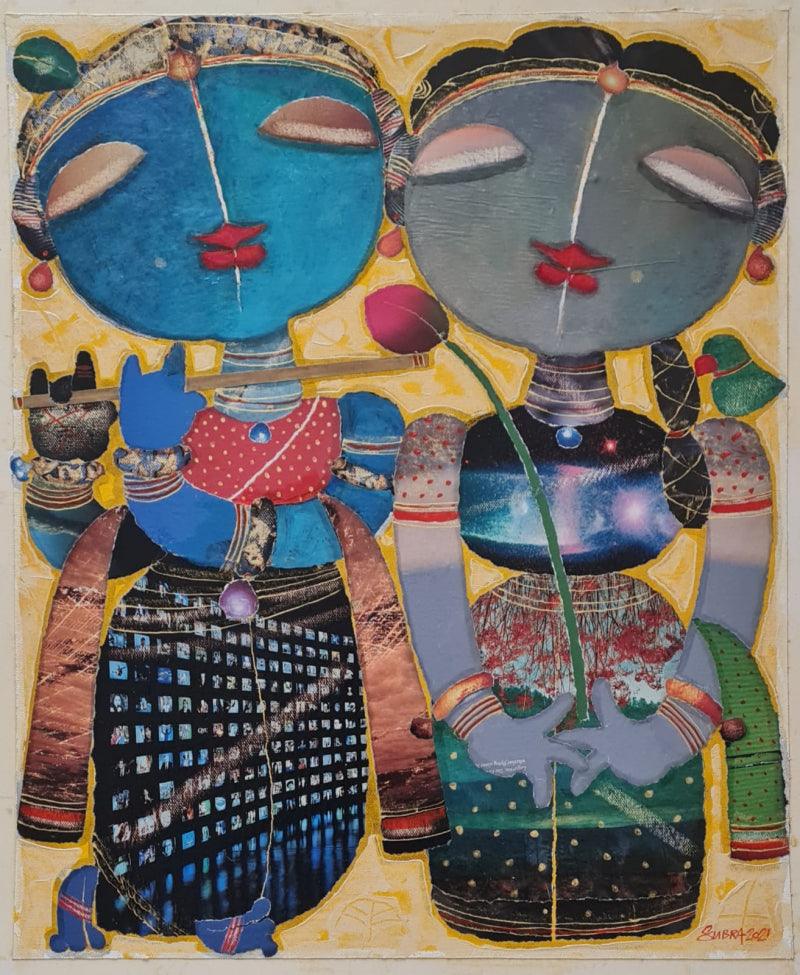 Religious mixed media painting titled 'Radha Krishna', 22x18 inches, by artist G Subramanian on Canvas