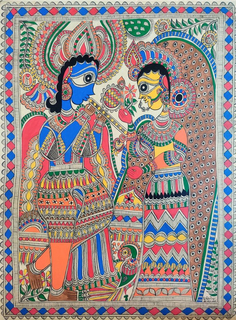 Religious madhubani traditional art titled 'Radha Krishna', 30x22 inches, by artist Mithilesh Jha on Paper