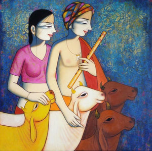 Radha Krishna by Pravin Utge, Original Acrylic Religious Painting on Canvas, Medium Square Wall Art