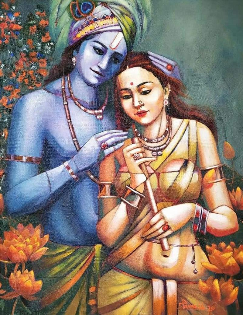 Religious acrylic painting titled 'Radha Krishna', 30x24 inches, by artist Tamali Das on Canvas