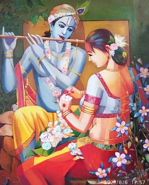 Figurative oil painting titled 'Radha Krishna', 30x24 inches, by artist Tamali Das on Canvas