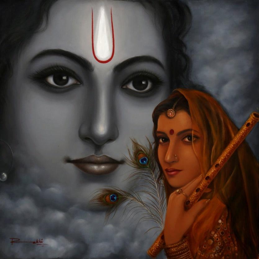 Religious oil painting titled 'Radha Krishna', 36x36 inches, by artist Rakhi Baid on Canvas