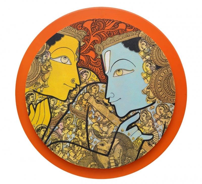 Religious acrylic painting titled 'Radha Krishna', 24x24 inches, by artist Ramesh Gorjala on Canvas
