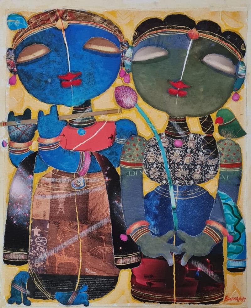 Religious mixed media painting titled 'Radha Krishna', 22x18 inches, by artist G Subramanian on Canvas