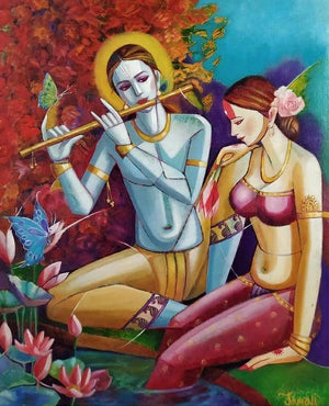 Figurative acrylic oil painting titled 'Radha Krishna', 30x24 inches, by artist Tamali Das on canvas