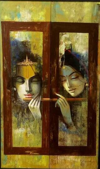 Religious acrylic painting titled 'Radha Krishna', 60x36 inches, by artist Vijay Gille on Canvas