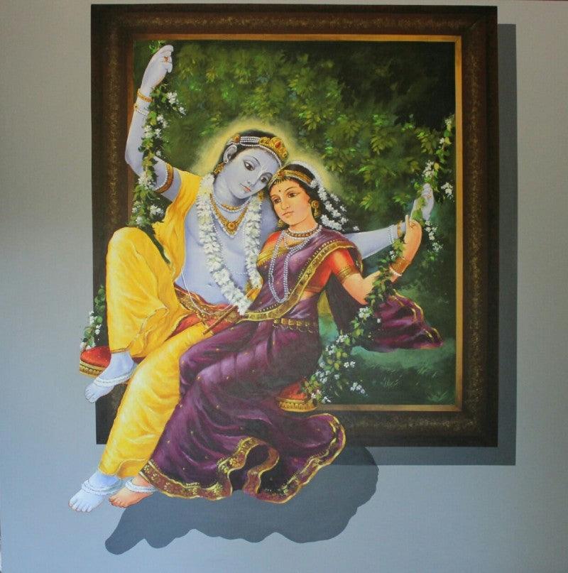 Religious acrylic painting titled 'Radha Krishna', 96x96 inches, by artist Jitendra Gaikwad on Canvas