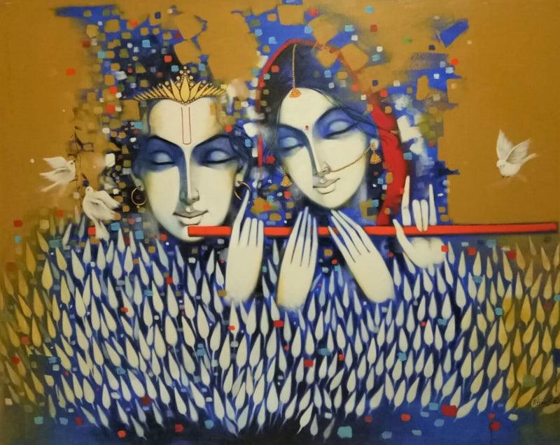 Religious acrylic painting titled 'Radha Krishna', 48x60 inches, by artist Vijay Gille on Canvas