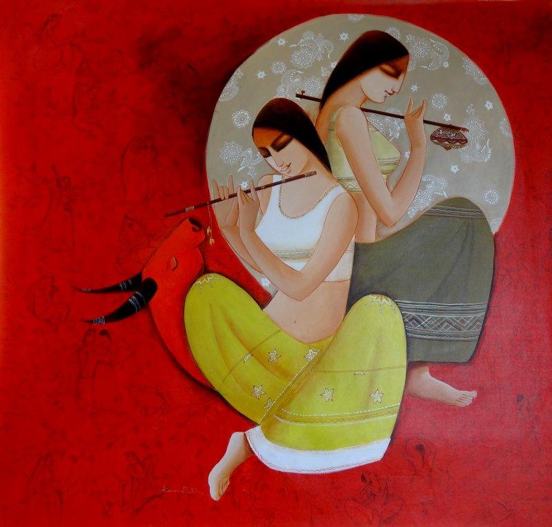 Figurative acrylic painting titled 'Radha Krishna', 48x48 inches, by artist Kamal Devnath on Canvas