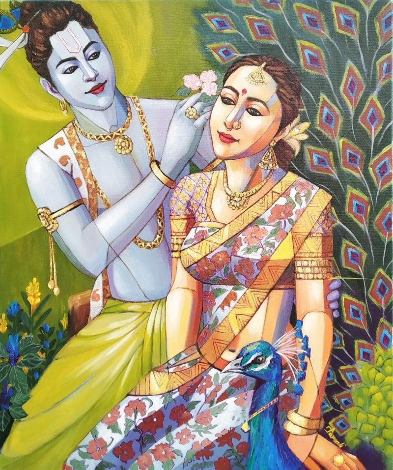 Religious acrylic painting titled 'Radha Krishna', 24x20 inches, by artist Tamali Das on Canvas
