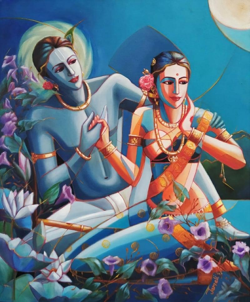Figurative acrylic oil painting titled 'Radha Krishna', 36x30 inches, by artist Tamali Das on canvas
