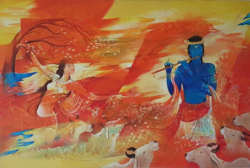 Religious oil painting titled 'Radha Krishna', 72x48 inches, by artist Durshit Bhaskar on Canvas