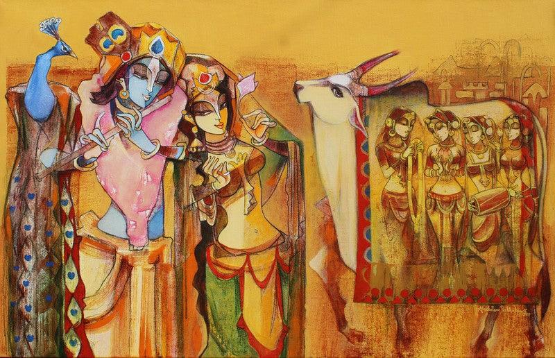 Religious acrylic painting titled 'Radha Krishna', 36x56 inches, by artist Prabhakar Ahobilam on Canvas