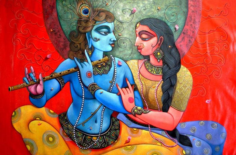 Religious acrylic painting titled 'Radha Krishna', 38x59 inches, by artist Sudip Routh on Canvas
