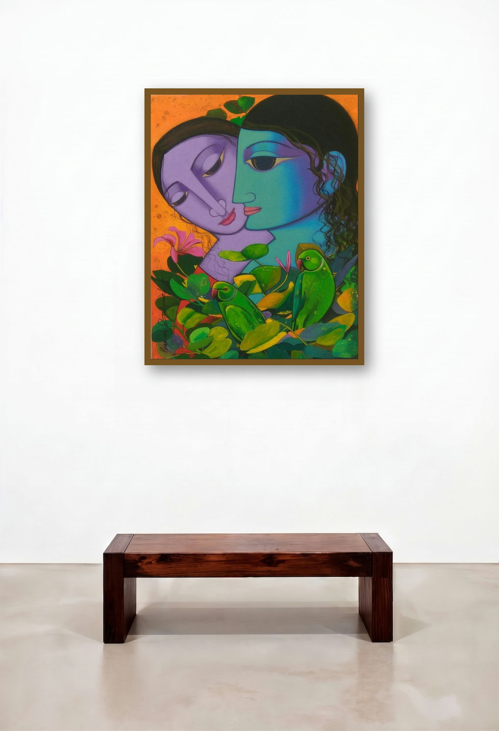 Radha Krishna (Radha Krishna with Parrots) by artist Prakash Deshmukh displayed in a Japandi Family Room