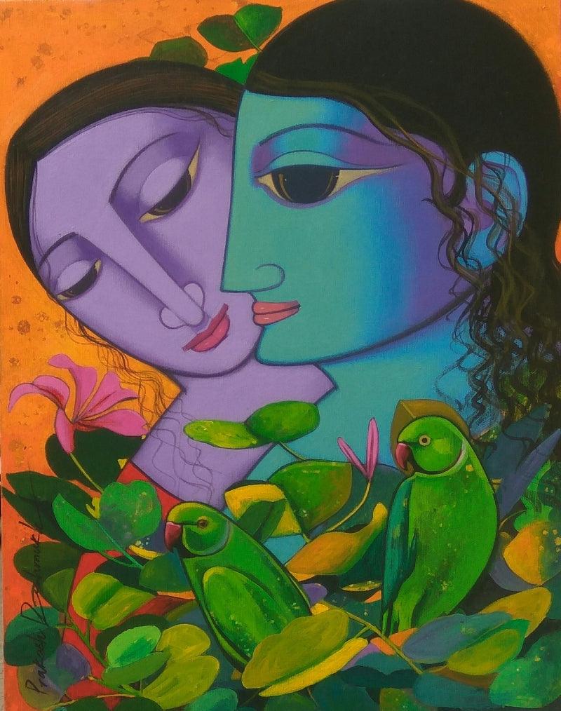 Religious acrylic painting titled 'Radha Krishna', 19x15 inches, by artist Prakash Deshmukh on Canvas