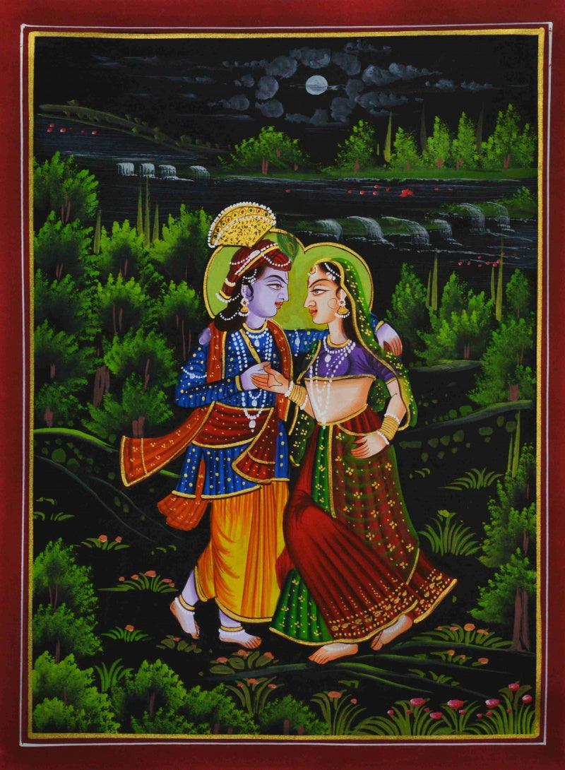 Religious miniature traditional art titled 'Radha Krishna', 15x11 inches, by artist Unknown on Silk