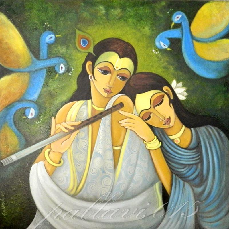 Figurative oil painting titled 'Radha Krishna I', 36x36 inches, by artist Pallavi Walunj on Canvas