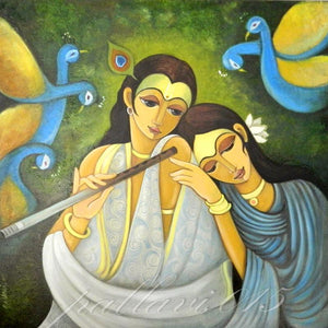 Figurative oil painting titled 'Radha Krishna I', 36x36 inches, by artist Pallavi Walunj on Canvas