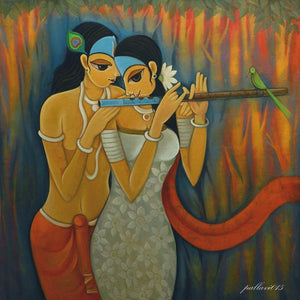 Radha Krishna Ii (Loves First Blossom) by Pallavi Walunj, Original Oil Figurative Painting on Canvas, Large Square Wall Art