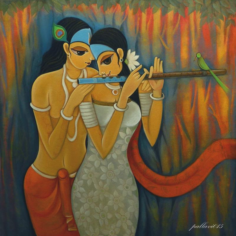 Figurative oil painting titled 'Radha Krishna II', 42x42 inches, by artist Pallavi Walunj on Canvas