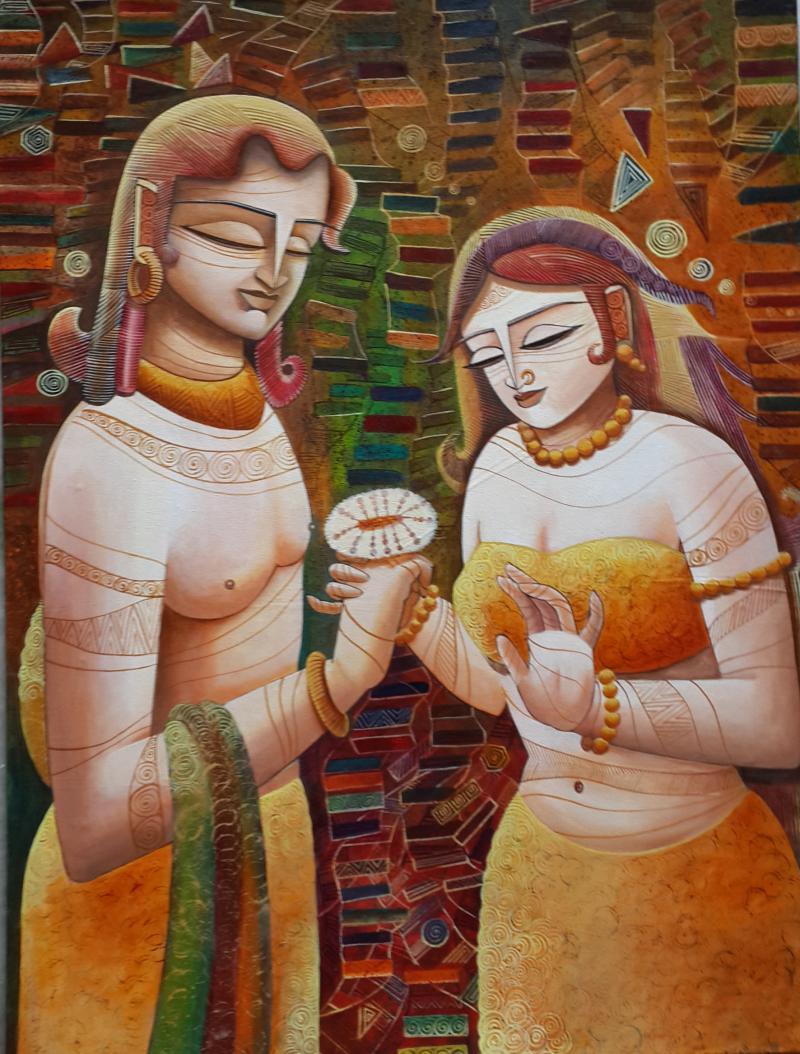 Figurative acrylic painting titled 'Radha Krishna III', 25x33 inches, by artist DEVIRANI DASGUPTA on Canvas Board