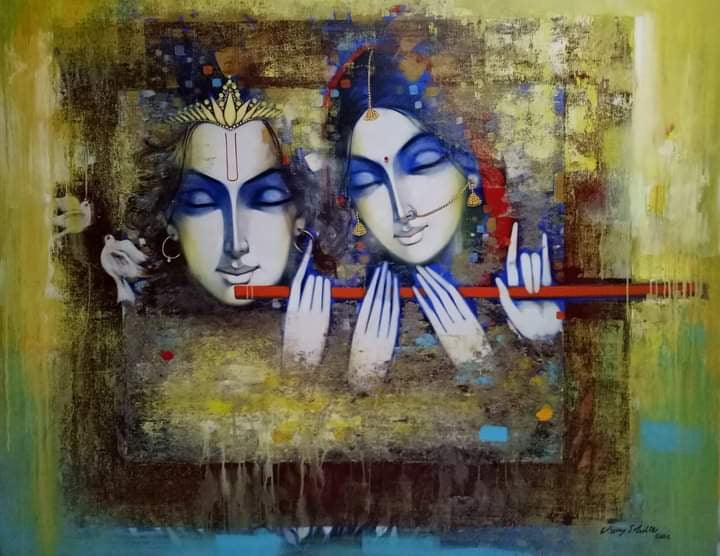 Religious acrylic painting titled 'Radha Krishna Series', 48x60 inches, by artist Vijay Gille on Canvas