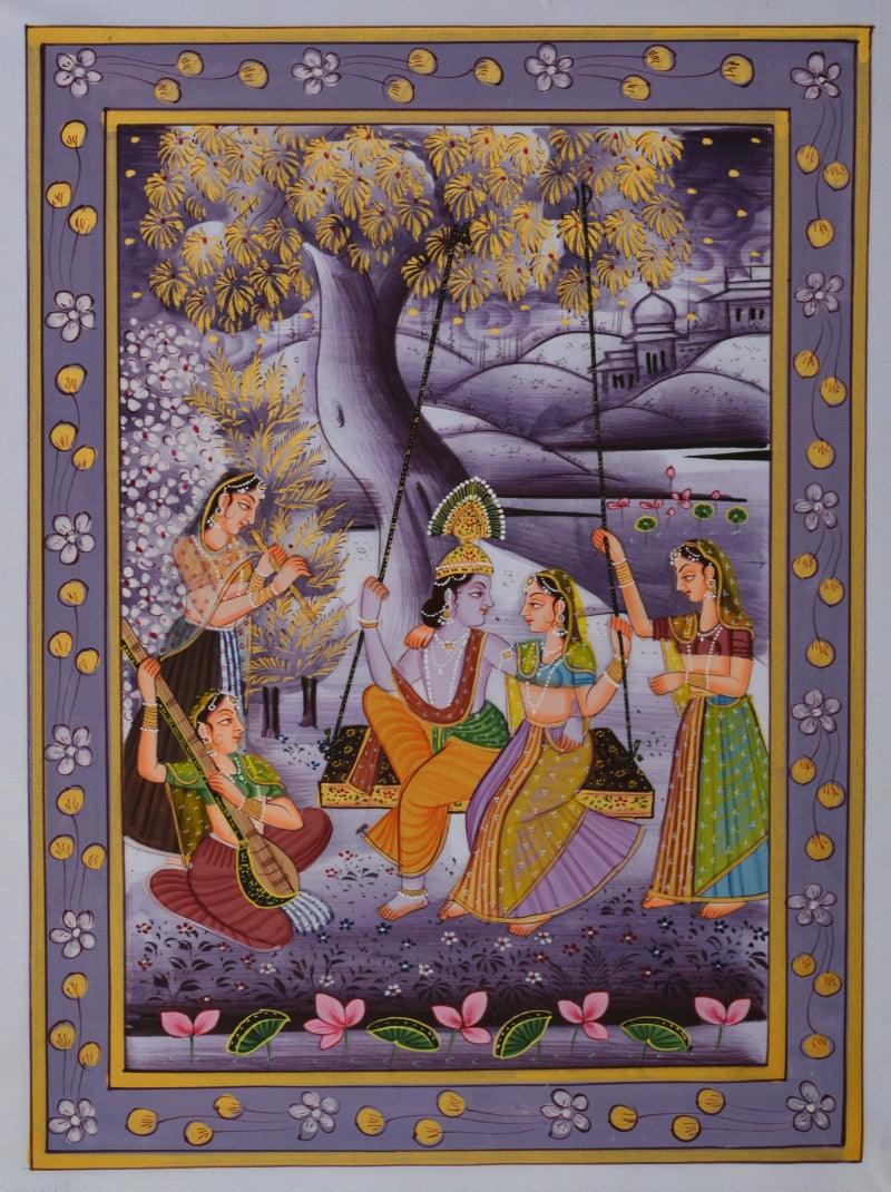 Religious miniature traditional art titled 'Radha Krishna Swinging', 13x9 inches, by artist Unknown on Silk