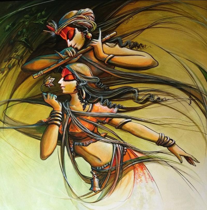 Religious acrylic painting titled 'Radha krishna 4', 40x30 inches, by artist Manoj Das on Canvas