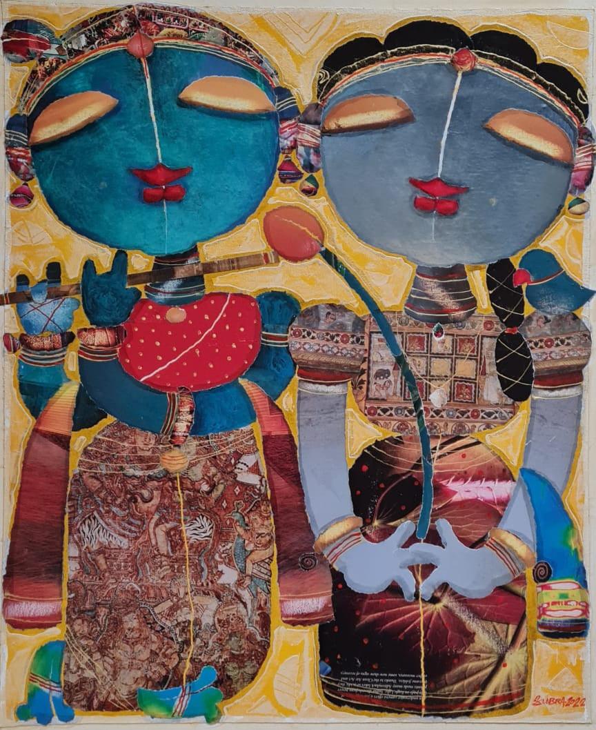 Religious mixed media painting titled 'Radha krishna', 22x18 inches, by artist G Subramanian on Canvas