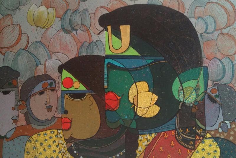 Figurative acrylic painting titled 'Radhakrishna', 20x28 inches, by artist Priyanka Chivte on Canvas