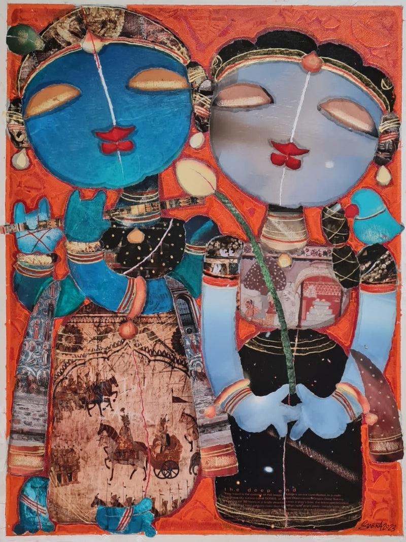 Religious mixed media painting titled 'Radhakrishna', 24x18 inches, by artist G Subramanian on Canvas